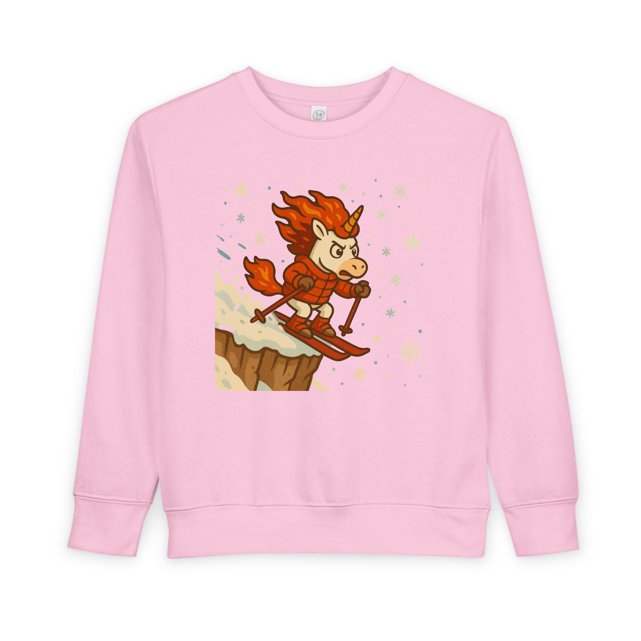 Adventurous Unicorn Hot Lava Toddler Sweatshirt, Skiing Off Snowy Cliff, Kid's Winter Pullover, Magical Fantasy Sweater, Gift for Children