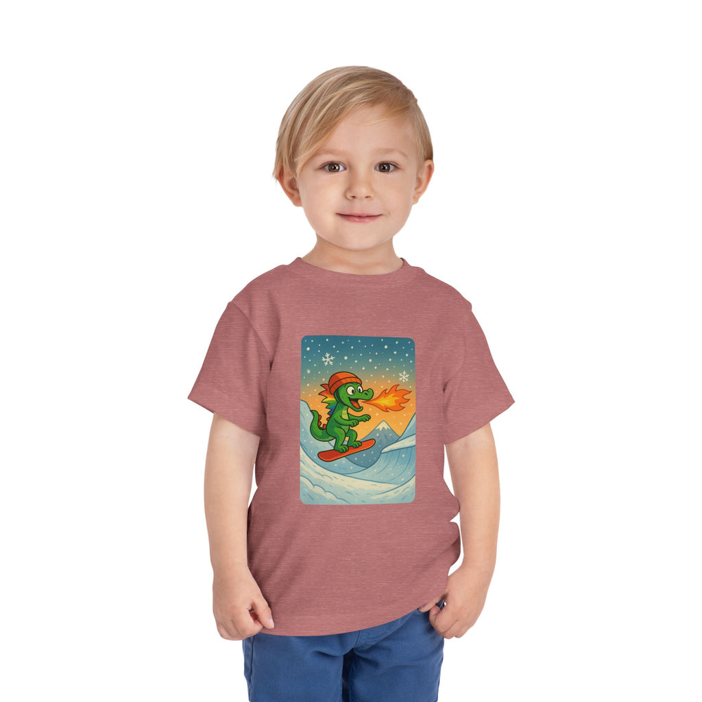 Snowboarding fire breathing dragon crushin' the slopes Tee - Toddler Short Sleeve Shirt, Fun Graphic Tee, Kid's Summer Top, Birthday Gift,