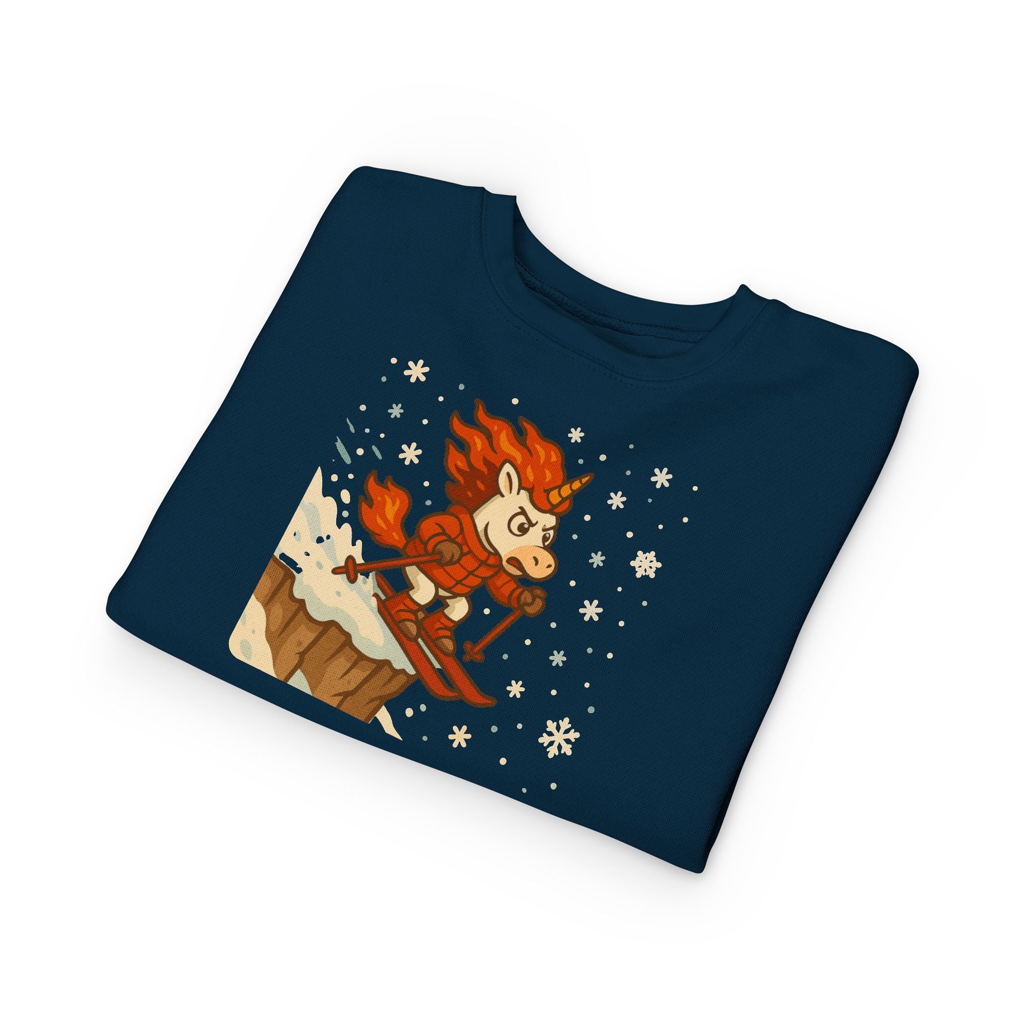 Adventurous Unicorn Hot Lava Toddler Sweatshirt, Skiing Off Snowy Cliff, Kid's Winter Pullover, Magical Fantasy Sweater, Gift for Children