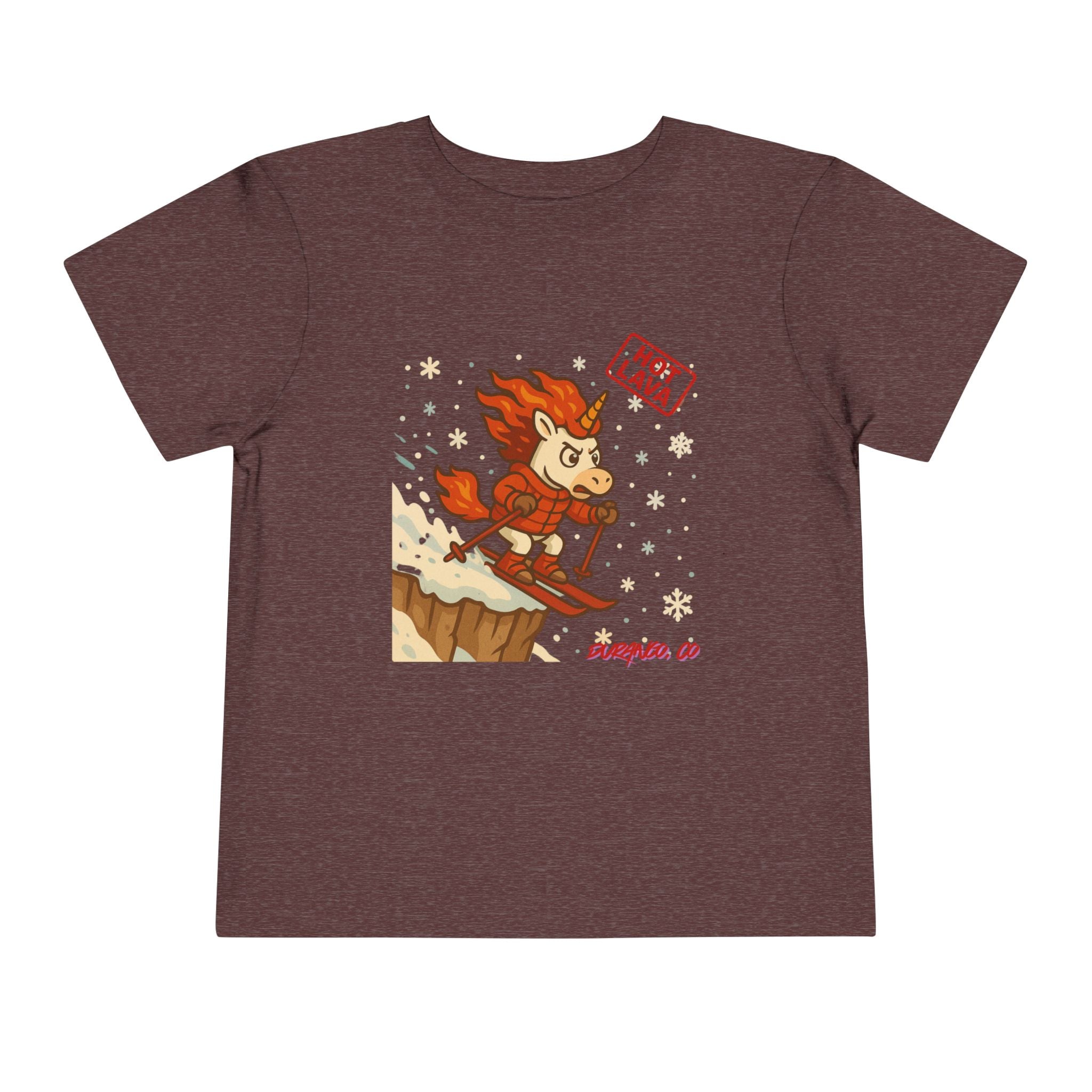 Hot Lava the Unicorn Toddler Skiing Tee, Durango, CO. Winter Graphic T-Shirt, Kids Snow Sports Top, Toddler Gift for Winter Celebrations,
