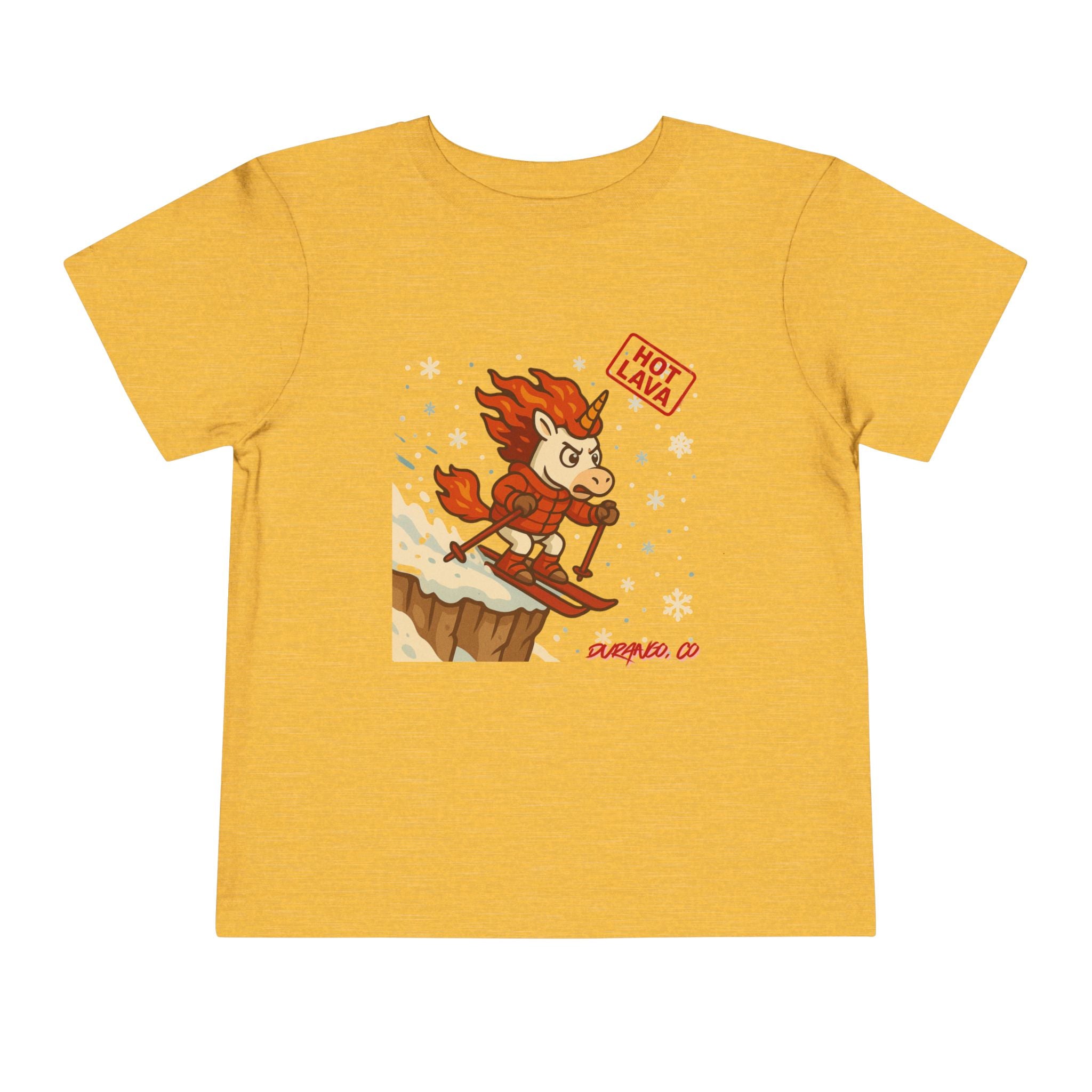 Hot Lava the Unicorn Toddler Skiing Tee, Durango, CO. Winter Graphic T-Shirt, Kids Snow Sports Top, Toddler Gift for Winter Celebrations,