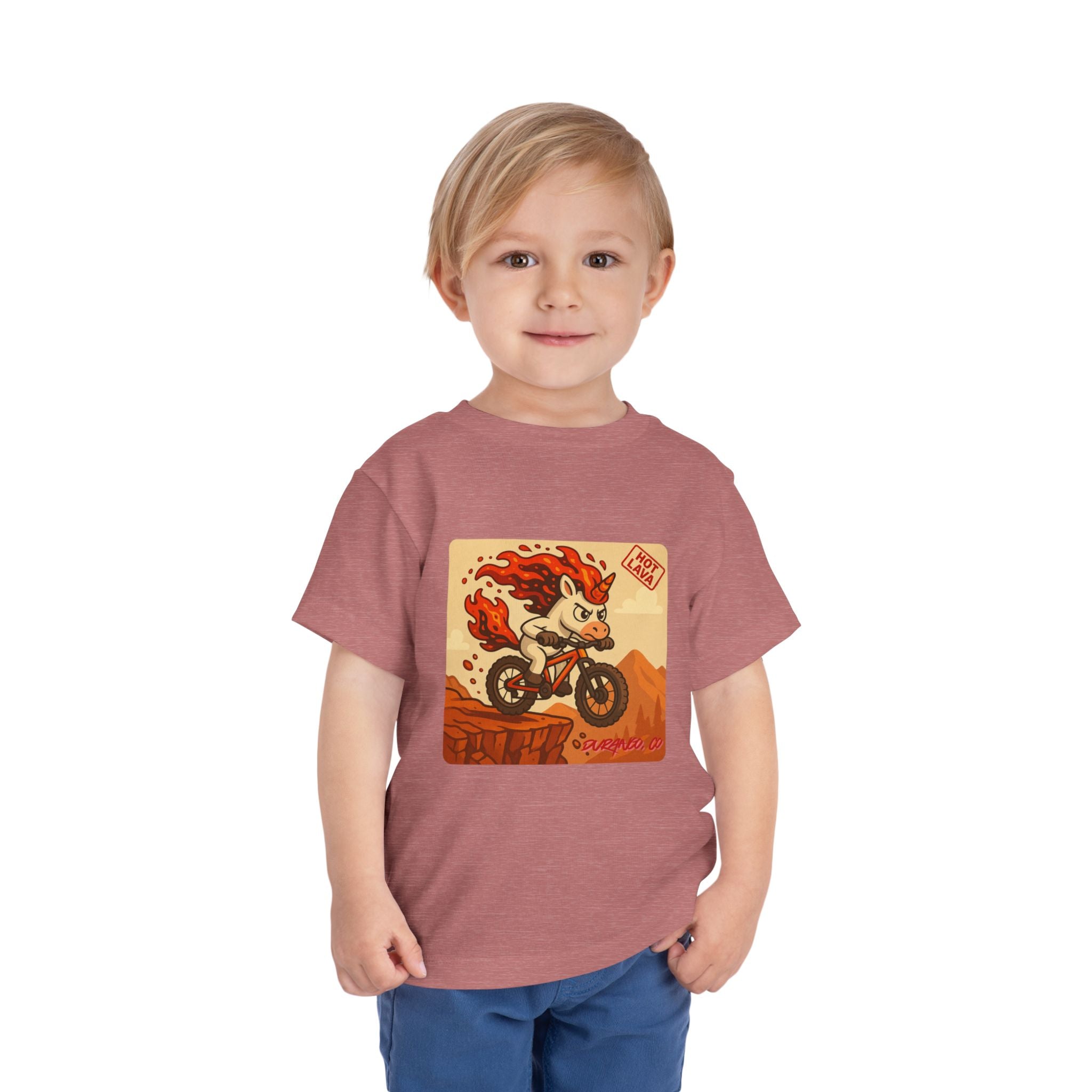 Durango, CO,  Hot Lava the Adventurous Unicorn Mountain Biking, Toddler Short Sleeve Tee