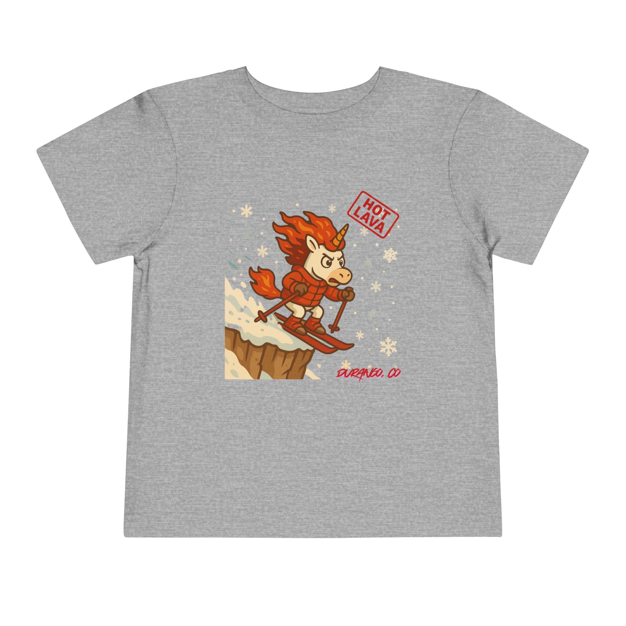 Hot Lava the Unicorn Toddler Skiing Tee, Durango, CO. Winter Graphic T-Shirt, Kids Snow Sports Top, Toddler Gift for Winter Celebrations,