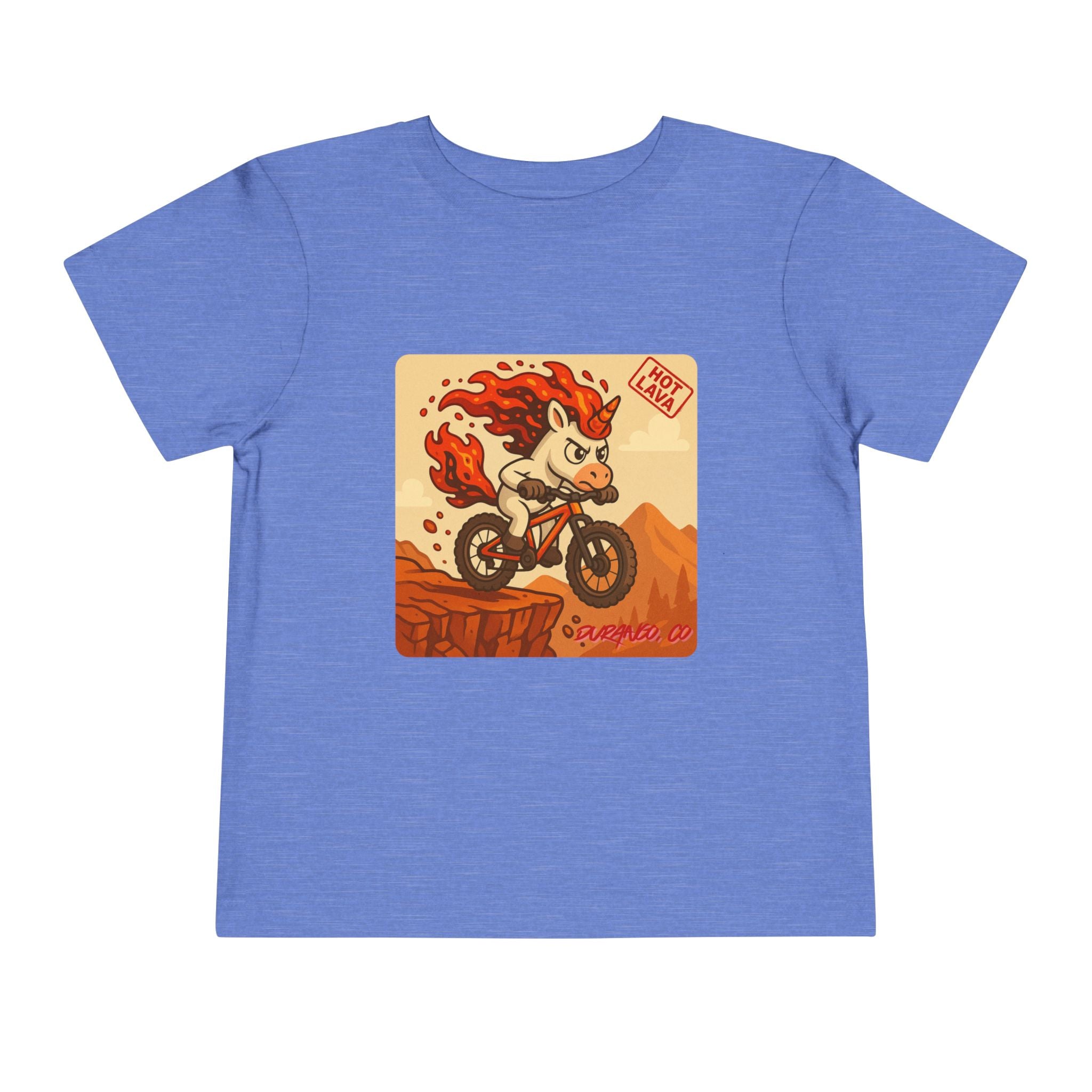 Durango, CO,  Hot Lava the Adventurous Unicorn Mountain Biking, Toddler Short Sleeve Tee