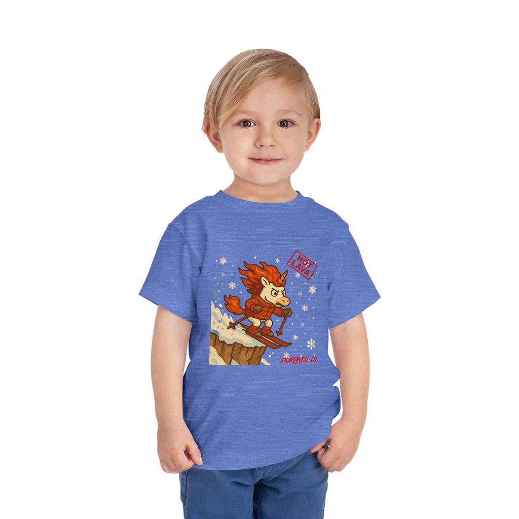 Hot Lava the Unicorn Toddler Skiing Tee, Durango, CO. Winter Graphic T-Shirt, Kids Snow Sports Top, Toddler Gift for Winter Celebrations,