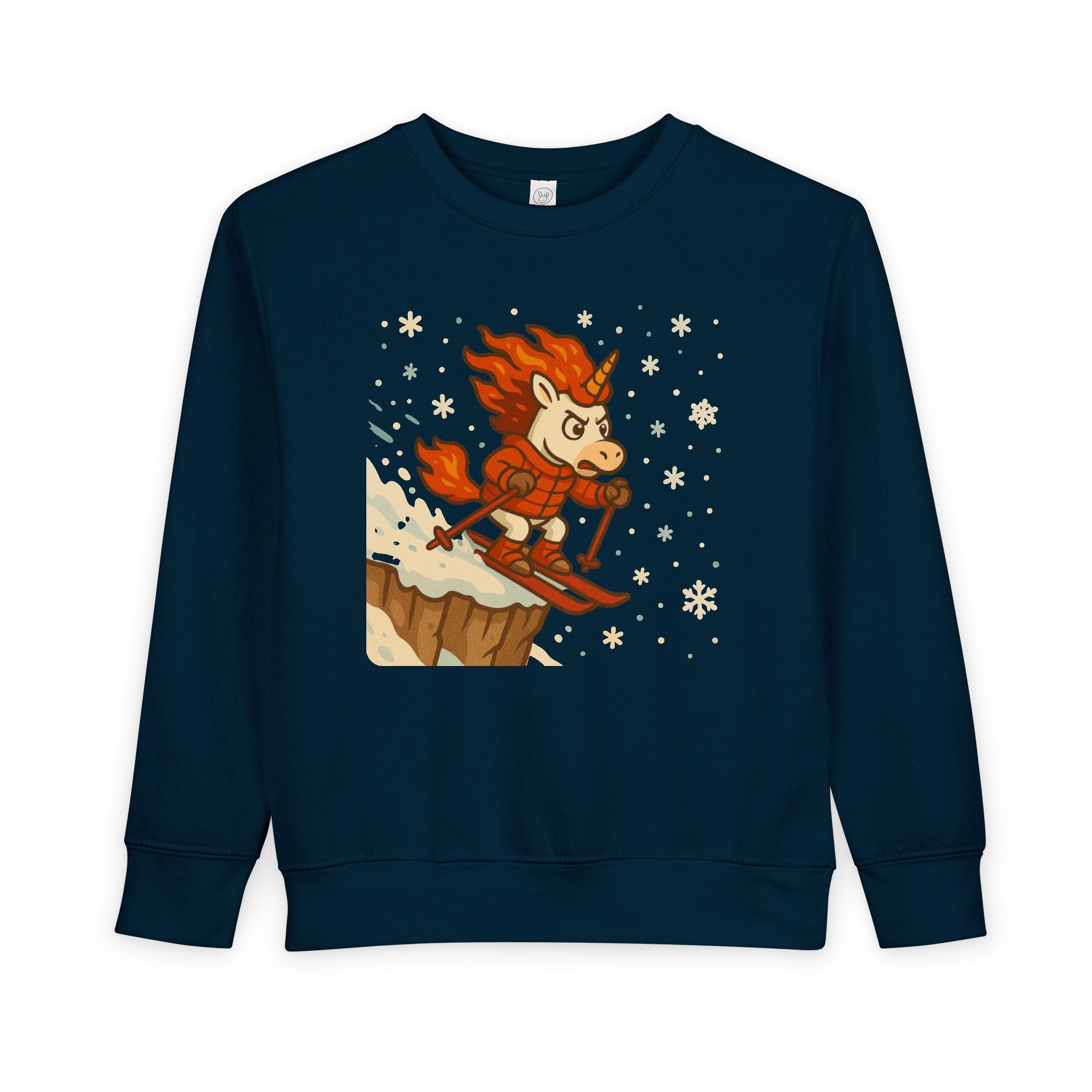 Adventurous Unicorn Hot Lava Toddler Sweatshirt, Skiing Off Snowy Cliff, Kid's Winter Pullover, Magical Fantasy Sweater, Gift for Children