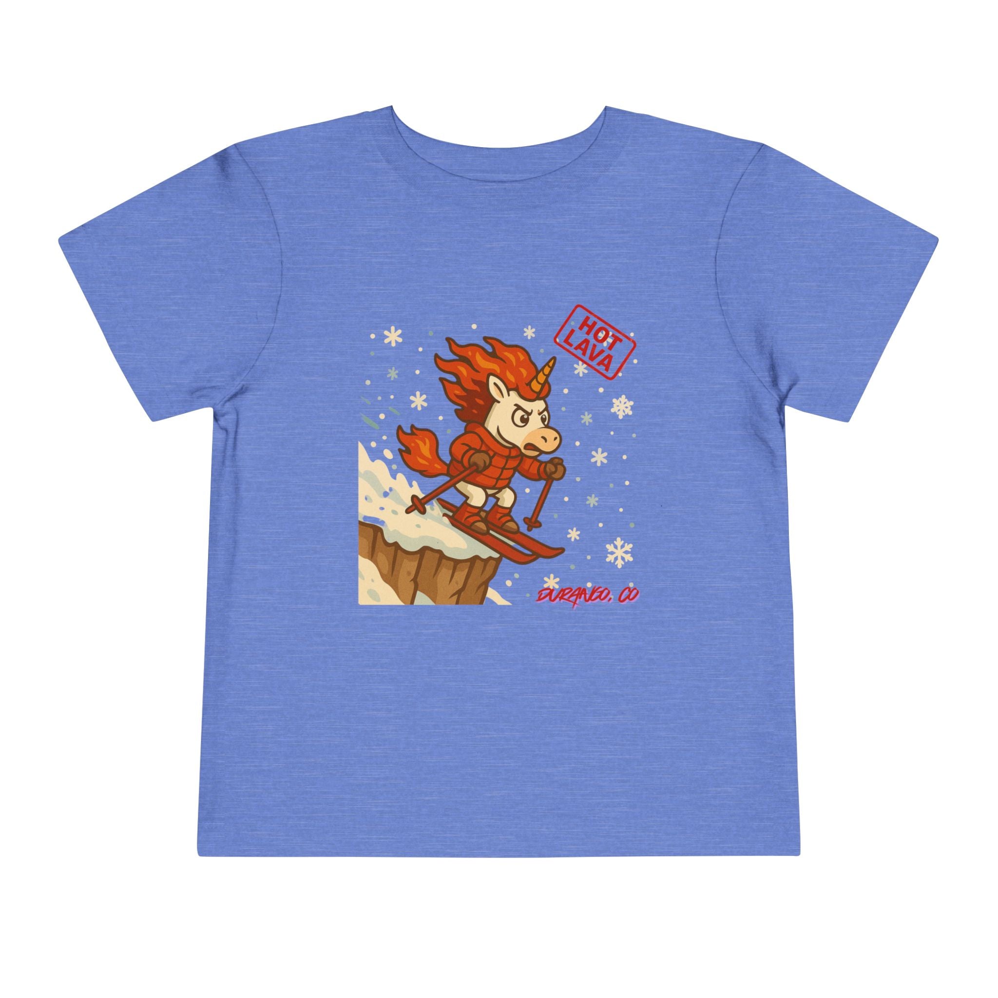 Hot Lava the Unicorn Toddler Skiing Tee, Durango, CO. Winter Graphic T-Shirt, Kids Snow Sports Top, Toddler Gift for Winter Celebrations,