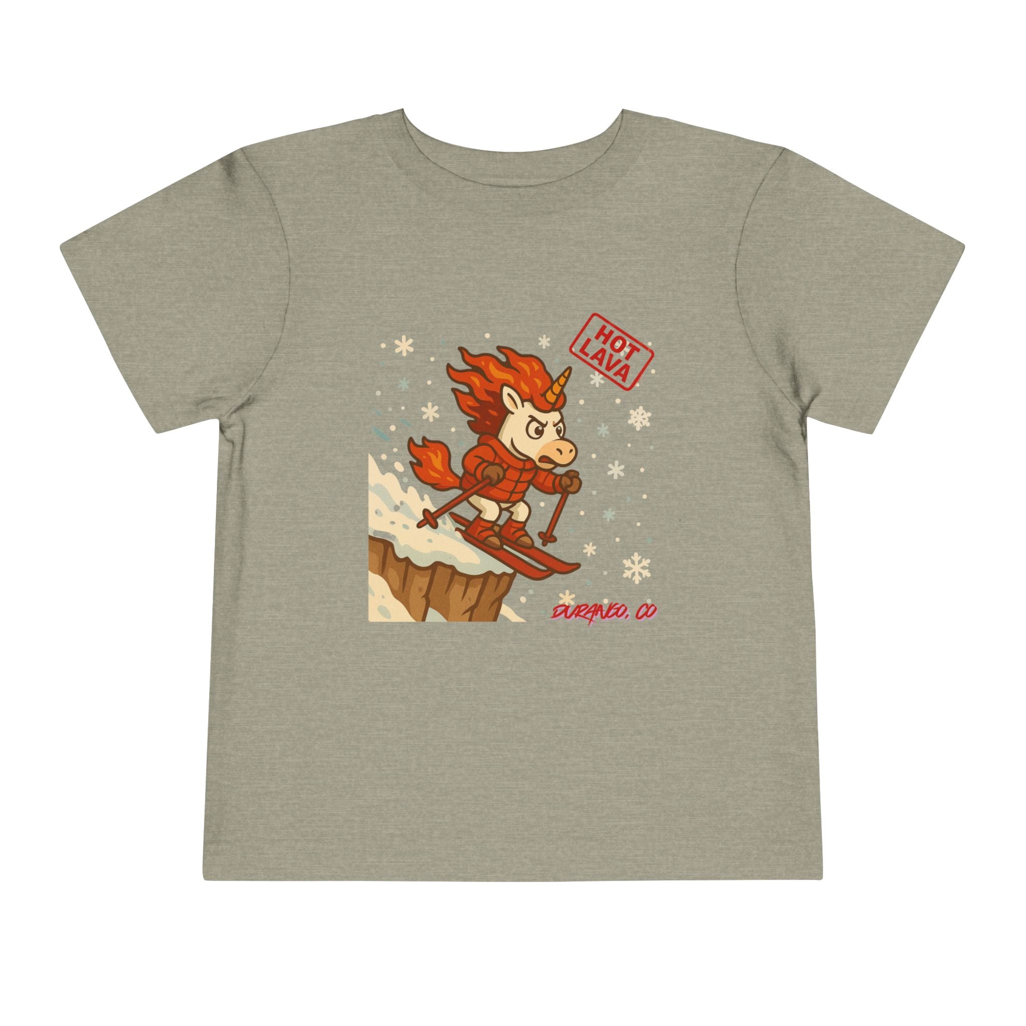 Hot Lava the Unicorn Toddler Skiing Tee, Durango, CO. Winter Graphic T-Shirt, Kids Snow Sports Top, Toddler Gift for Winter Celebrations,