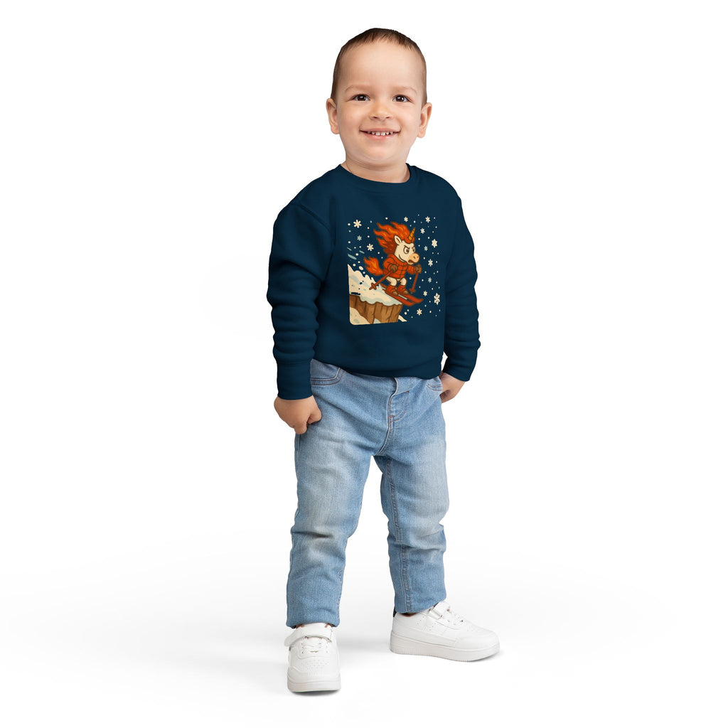 Adventurous Unicorn Hot Lava Toddler Sweatshirt, Skiing Off Snowy Cliff, Kid's Winter Pullover, Magical Fantasy Sweater, Gift for Children