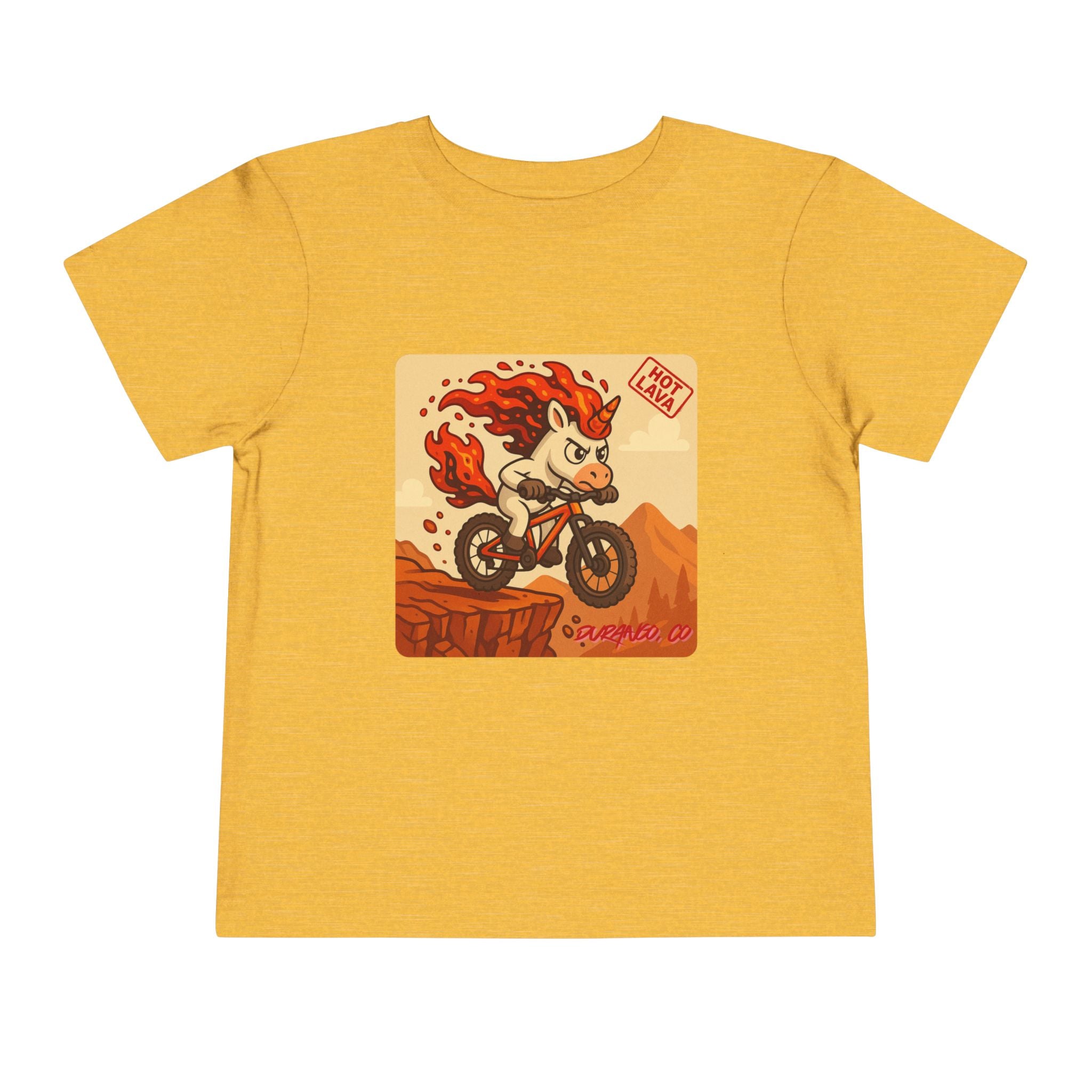Durango, CO,  Hot Lava the Adventurous Unicorn Mountain Biking, Toddler Short Sleeve Tee